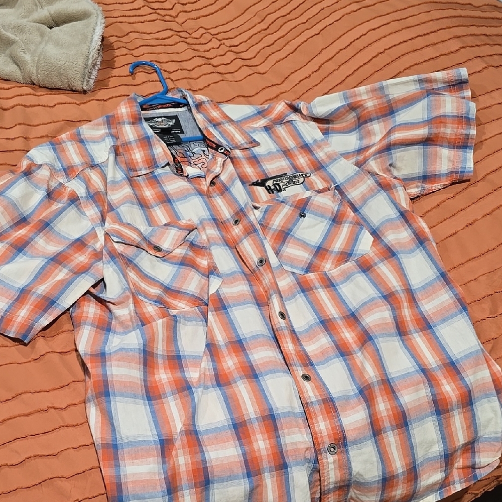 Harley Davidson  Men's Plaid Shirt - Orange and White
